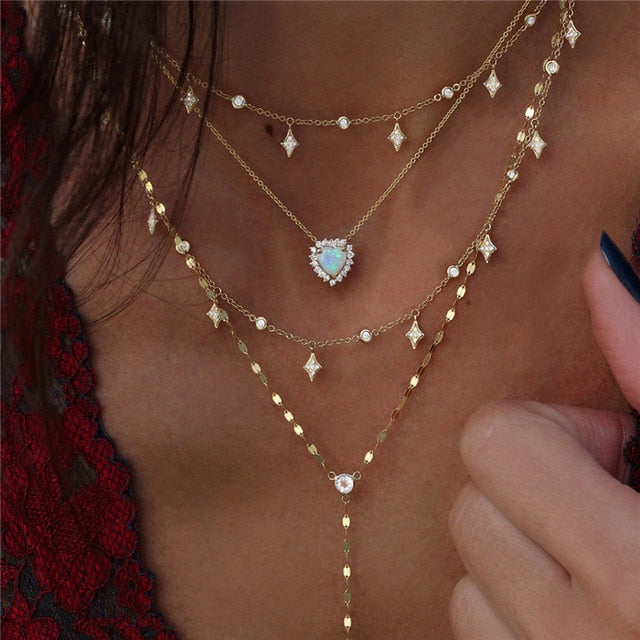 Boho Multi-element Crystal Necklaces For Women Fashion Gold Silver  Necklace Vintage Multiple Layers Pendant Necklace Jewelry