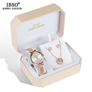 IBSO Brand Women Rose Gold Watch Earring Necklace Set Female Jewelry Set Fashion Creative Crystal Quartz Watch Lady's Gift