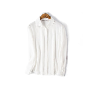 Women Silk Blouse 100% REAL SILK CREPE Solid Long Sleeve Blouses Basic Button OFFICE Lady SHIRT 2019 WHITE Blusas femininas