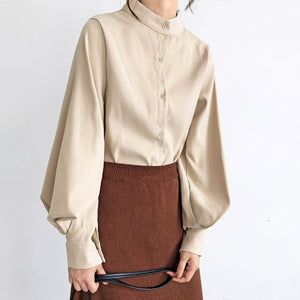 Vintage Lantern Sleeve Autumn Winter Thicken Women Shirt Blouses Single Breasted Blouse Female Loose Shirts Tops blusas mujer
