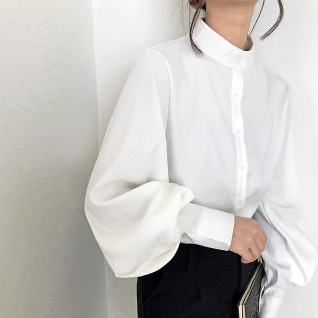 Vintage Lantern Sleeve Autumn Winter Thicken Women Shirt Blouses Single Breasted Blouse Female Loose Shirts Tops blusas mujer