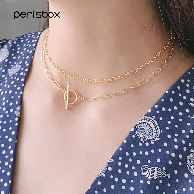 Peri'sbox 925 Sterling Silver Toggle Clasp Choker Necklace Two Layered Chain Neck Chocker Minimalist Circle Layering Necklaces