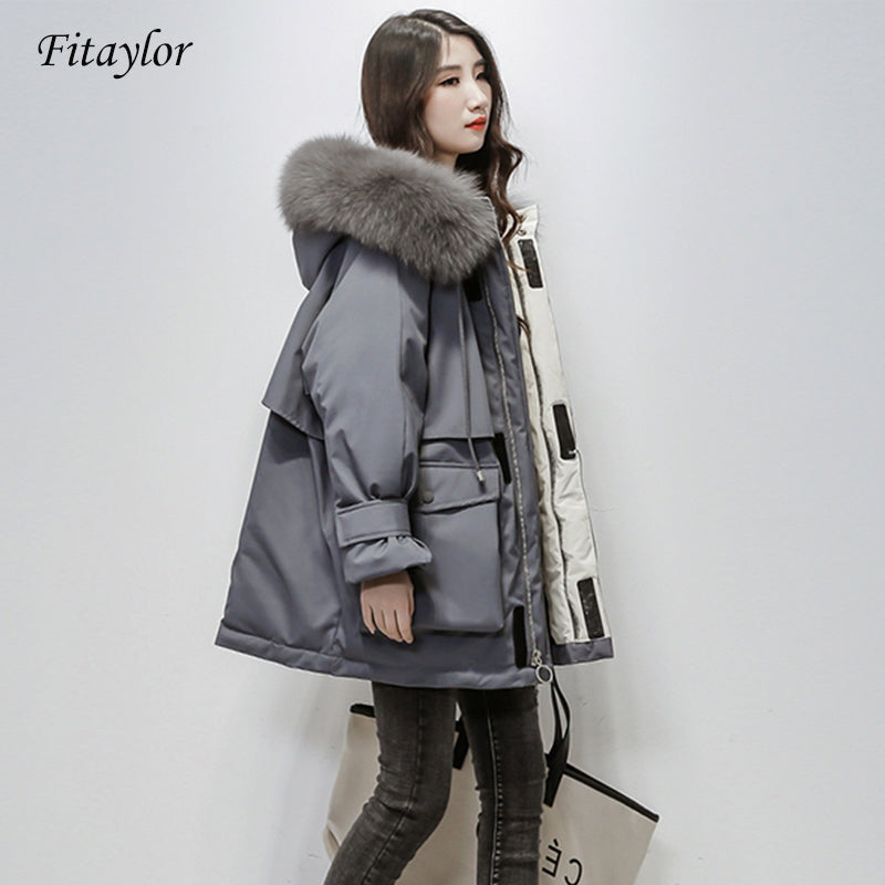 Fitaylor Large Natural Fox Fur Hooded Winter Jacket Women 90% White Duck Down Thick Parkas Warm Sash Tie Up Snow Coat