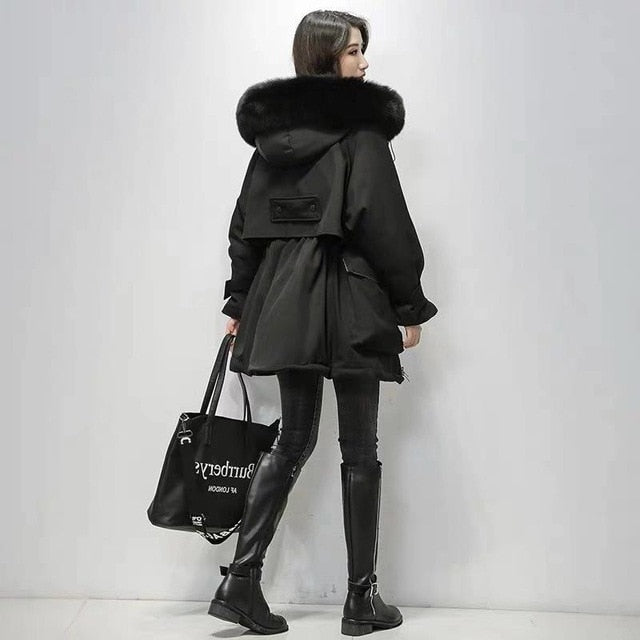 Fitaylor Large Natural Fox Fur Hooded Winter Jacket Women 90% White Duck Down Thick Parkas Warm Sash Tie Up Snow Coat