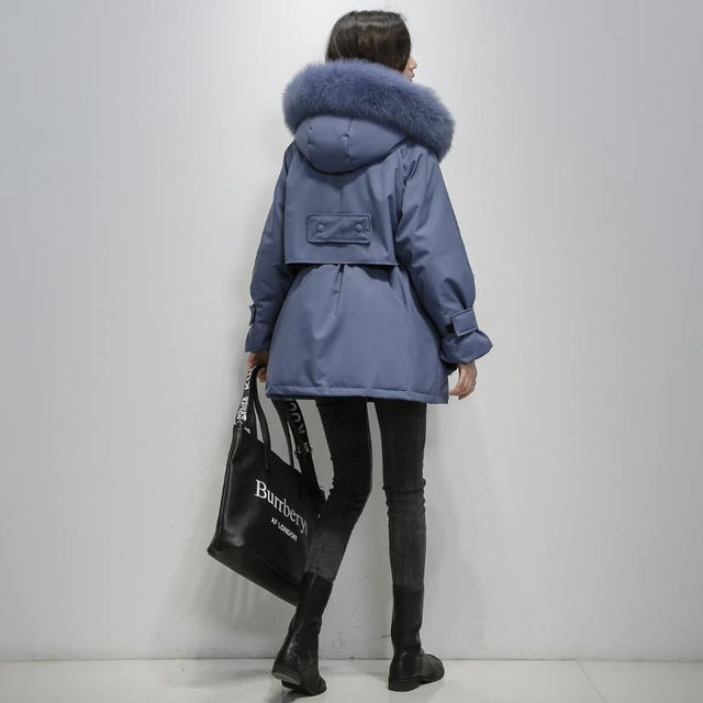 Fitaylor Large Natural Fox Fur Hooded Winter Jacket Women 90% White Duck Down Thick Parkas Warm Sash Tie Up Snow Coat