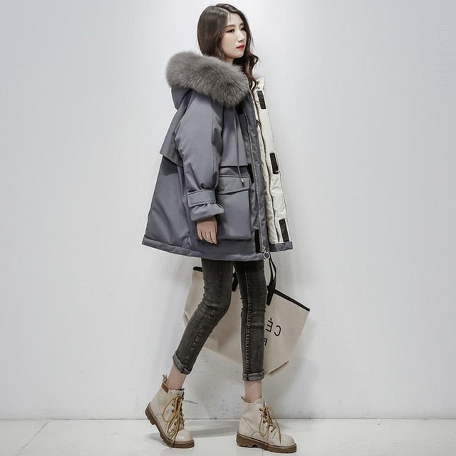 Fitaylor Large Natural Fox Fur Hooded Winter Jacket Women 90% White Duck Down Thick Parkas Warm Sash Tie Up Snow Coat