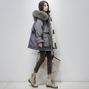 Fitaylor Large Natural Fox Fur Hooded Winter Jacket Women 90% White Duck Down Thick Parkas Warm Sash Tie Up Snow Coat