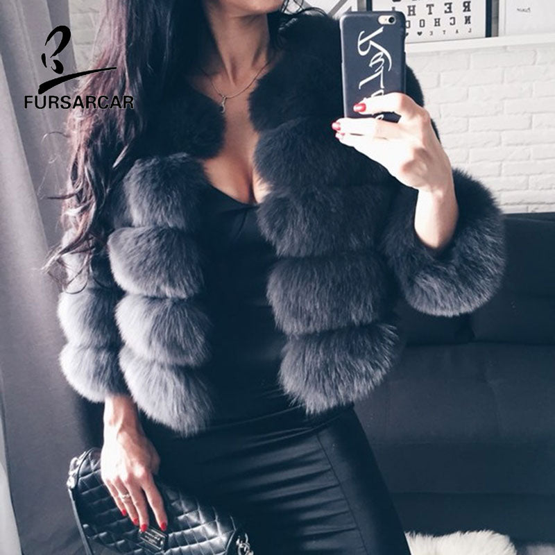 FURSARCAR 2019 Fashion Dark Gray Coat Short Real Fur Coat Women Natural Fox Fur Coats Winter Nine Quarter Sleeves Warm Clothing