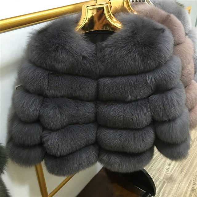 FURSARCAR 2019 Fashion Dark Gray Coat Short Real Fur Coat Women Natural Fox Fur Coats Winter Nine Quarter Sleeves Warm Clothing