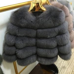 FURSARCAR 2019 Fashion Dark Gray Coat Short Real Fur Coat Women Natural Fox Fur Coats Winter Nine Quarter Sleeves Warm Clothing