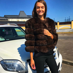 FURSARCAR 2019 Fashion Dark Gray Coat Short Real Fur Coat Women Natural Fox Fur Coats Winter Nine Quarter Sleeves Warm Clothing