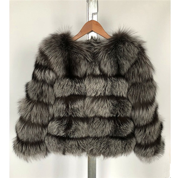 FURSARCAR 2019 Fashion Dark Gray Coat Short Real Fur Coat Women Natural Fox Fur Coats Winter Nine Quarter Sleeves Warm Clothing