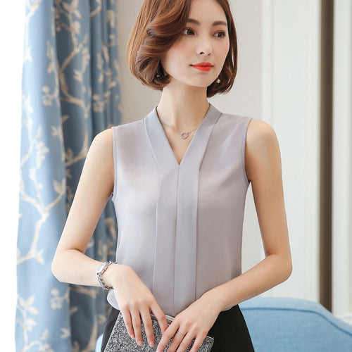 N1907 Summer J41938 One Size Chiffon Shirt V Neck Solid Color Sleevless Office Lady Work Casual Shirts
