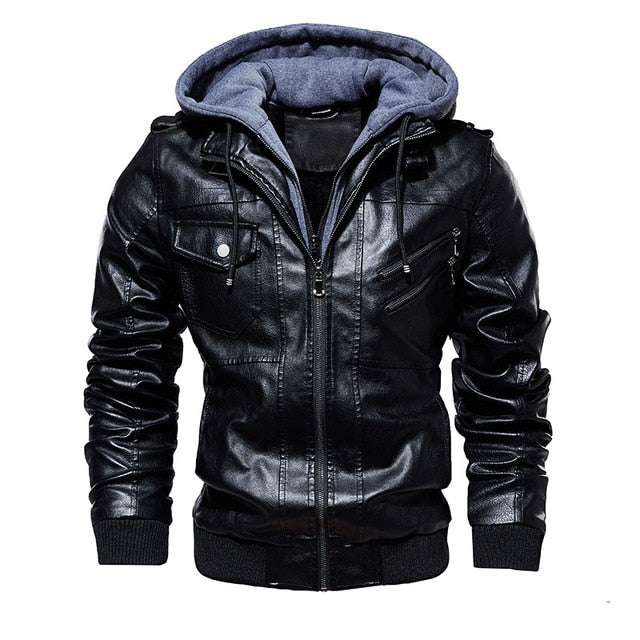 FGKKS Men Motorcycle Leather Jackets Winter Male Fashion Casual Hooded Faux Jacket Mens Warm PU Leather Jackets Coats