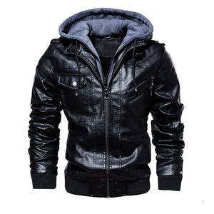 FGKKS Men Motorcycle Leather Jackets Winter Male Fashion Casual Hooded Faux Jacket Mens Warm PU Leather Jackets Coats