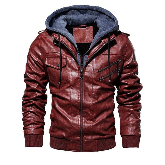 FGKKS Men Motorcycle Leather Jackets Winter Male Fashion Casual Hooded Faux Jacket Mens Warm PU Leather Jackets Coats