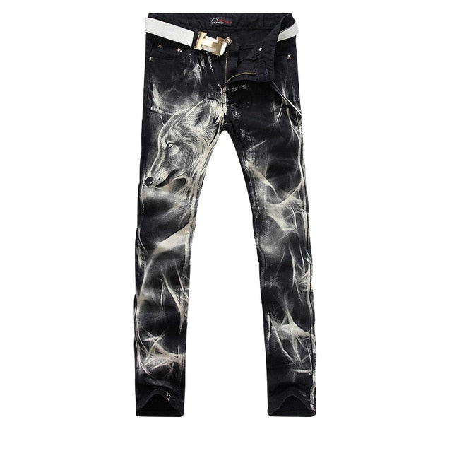 2019 New fashion Men's wolf  printed jeans men slim straight Black stretch jeans high quality designer pants nightclubs singers