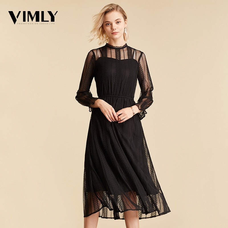 Vimly Elegant Mesh Lace Embroider Women Dress Stand-Neck Flare Sleeve Party Dresses Sexy Midi Elastic Waist Hollow Out Dress