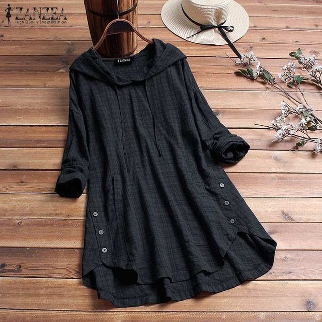 ZANZEA 2019 Autumn Plaid Checked Hoodies Blouse Women Long Sleeve Shirt Casual Linen Tunic Tops Hooded Blusas Chemise Femme 5XL