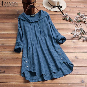 ZANZEA 2019 Autumn Plaid Checked Hoodies Blouse Women Long Sleeve Shirt Casual Linen Tunic Tops Hooded Blusas Chemise Femme 5XL