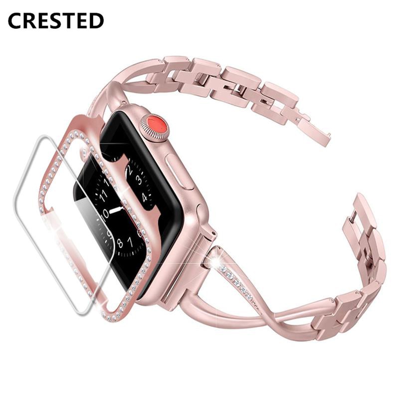 Diamond strap for apple watch band 5 4 3 38mm 44mm iwatch band 42mm 40mm watchband+Diamond case cover and Screen Protector