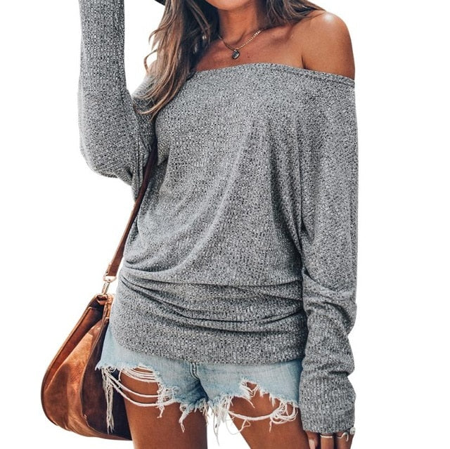 CUPSHE Gray Off-The-Shoulder Top Sexy Women Long Batwing Sleeve Shirt Tops Blouses 2019 Autumn Winter Girls Casual Pullover