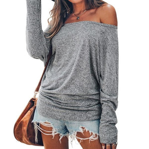 CUPSHE Gray Off-The-Shoulder Top Sexy Women Long Batwing Sleeve Shirt Tops Blouses 2019 Autumn Winter Girls Casual Pullover