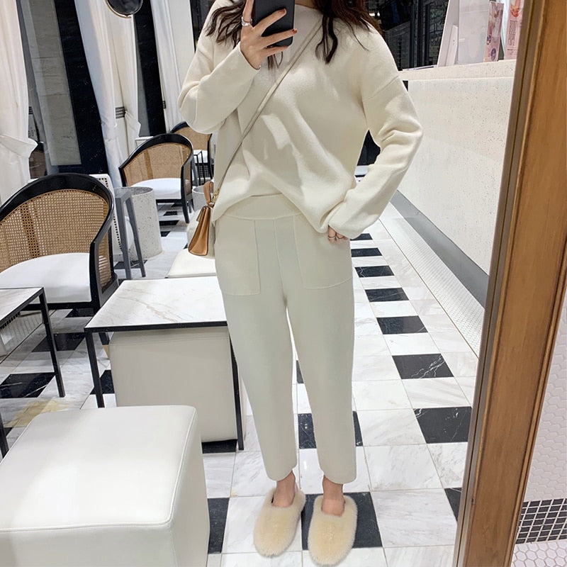 Women Sweater Two Piece knitted Sets Slim Tracksuit 2019 Spring Autumn Fashion Sweatshirts Sporting Suit Female