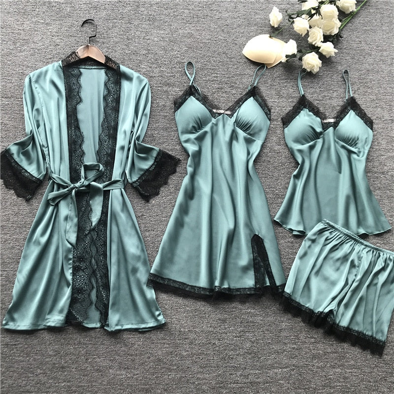 2019 Women Pajamas Sets Satin Sleepwear Silk 4 Pieces Nightwear Pyjama Spaghetti Strap Lace Sleep Lounge Pijama With Chest Pads