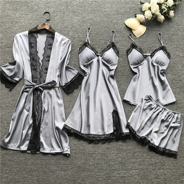 2019 Women Pajamas Sets Satin Sleepwear Silk 4 Pieces Nightwear Pyjama Spaghetti Strap Lace Sleep Lounge Pijama With Chest Pads
