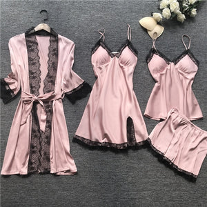 2019 Women Pajamas Sets Satin Sleepwear Silk 4 Pieces Nightwear Pyjama Spaghetti Strap Lace Sleep Lounge Pijama With Chest Pads