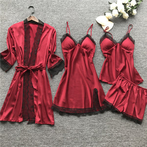 2019 Women Pajamas Sets Satin Sleepwear Silk 4 Pieces Nightwear Pyjama Spaghetti Strap Lace Sleep Lounge Pijama With Chest Pads