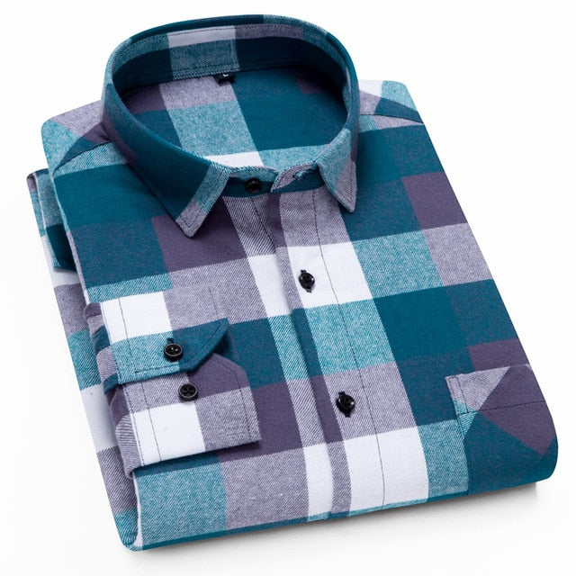 100% Cotton Flannel Shirt Men Slim Fit Plaid Casual shirts Long Sleeve Winter Male Shirts