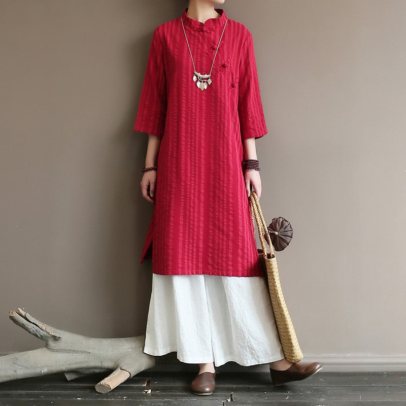Original medium and high-end women's dress with retro diagonal lapel buckle in the Republic of China style long Zen cotton