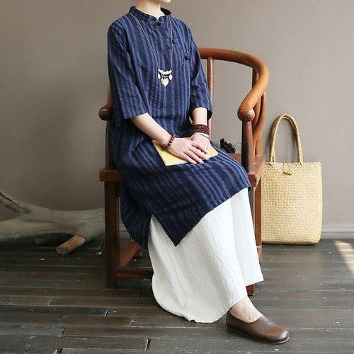 Original medium and high-end women's dress with retro diagonal lapel buckle in the Republic of China style long Zen cotton