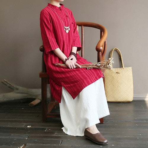 Original medium and high-end women's dress with retro diagonal lapel buckle in the Republic of China style long Zen cotton