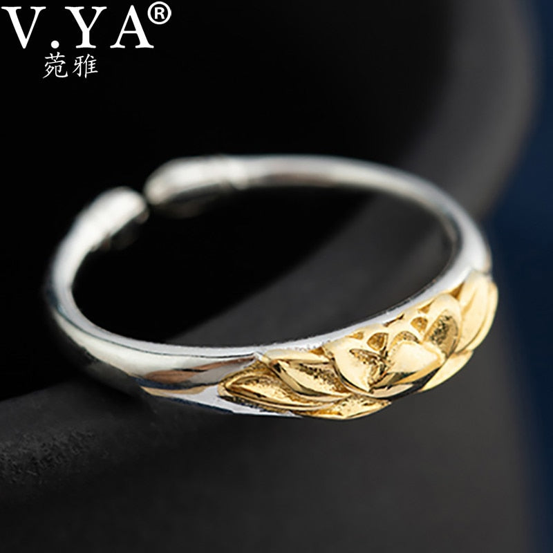 V.YA 925 Sterling Silver Vintage Lotus Flower Open Ring Gold Color Plant Flower Rings for Women Girls Fashion Silver Jewelry