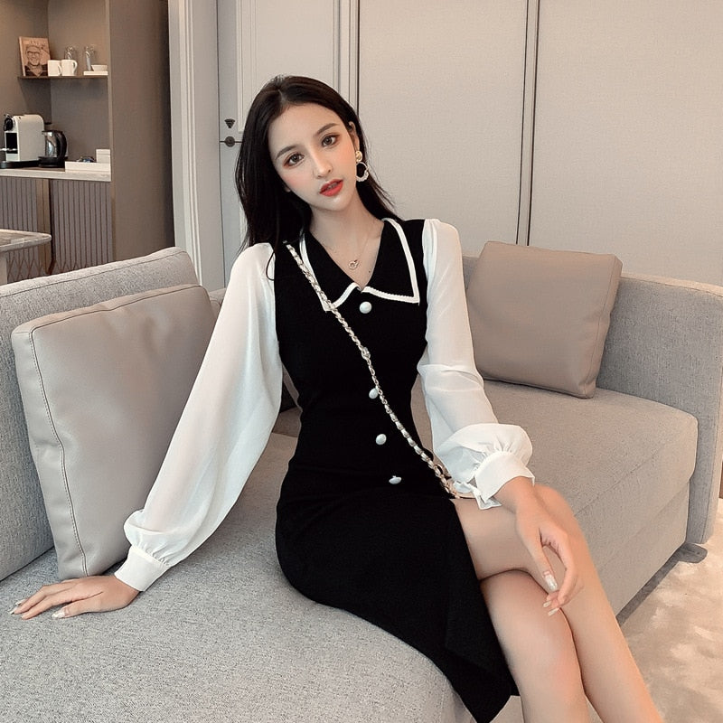 2019 new women dress fashion winter snow spins knitting stitching color long sleeve dress