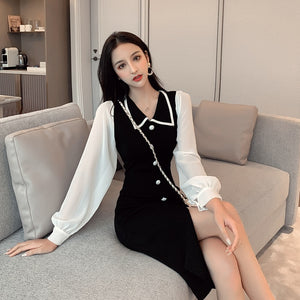 2019 new women dress fashion winter snow spins knitting stitching color long sleeve dress