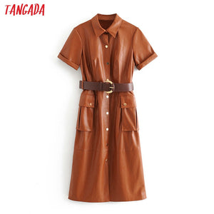 Tangada women PU faux leather dress with belt short sleeve retro elegant ladies brown mid dress vestido 3H166