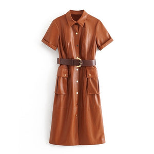 Tangada women PU faux leather dress with belt short sleeve retro elegant ladies brown mid dress vestido 3H166
