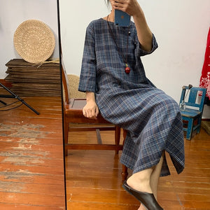Reality pats Republic of China Style Improved Women's Art Retro Yarn-dyed Plaid Cotton and Hemp Dress Long Tea