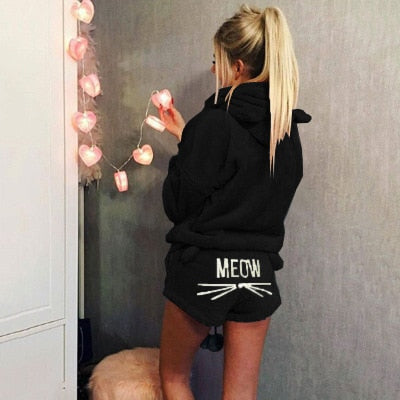 Women Coral Velvet Pajamas Set Autumn Winter Warm Pajamas Two Piece Set Sleepwear Cute Cat Meow Pattern Hoodies Shorts Set 5XL