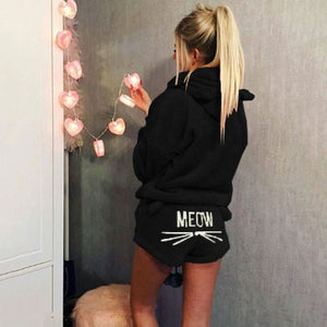 Women Coral Velvet Pajamas Set Autumn Winter Warm Pajamas Two Piece Set Sleepwear Cute Cat Meow Pattern Hoodies Shorts Set 5XL