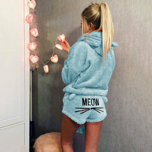 Women Coral Velvet Pajamas Set Autumn Winter Warm Pajamas Two Piece Set Sleepwear Cute Cat Meow Pattern Hoodies Shorts Set 5XL