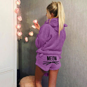 Women Coral Velvet Pajamas Set Autumn Winter Warm Pajamas Two Piece Set Sleepwear Cute Cat Meow Pattern Hoodies Shorts Set 5XL