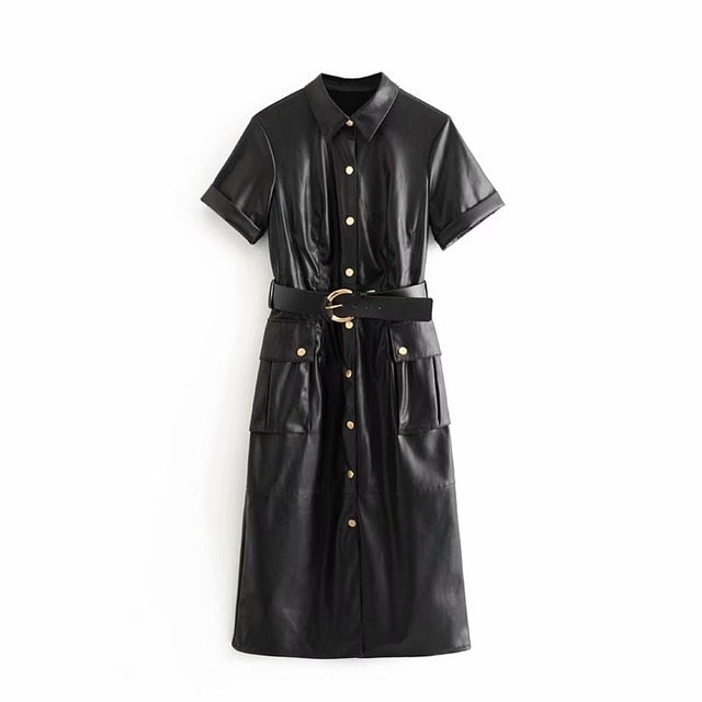 Tangada women PU faux leather dress with belt short sleeve retro elegant ladies brown mid dress vestido 3H166