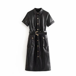 Tangada women PU faux leather dress with belt short sleeve retro elegant ladies brown mid dress vestido 3H166