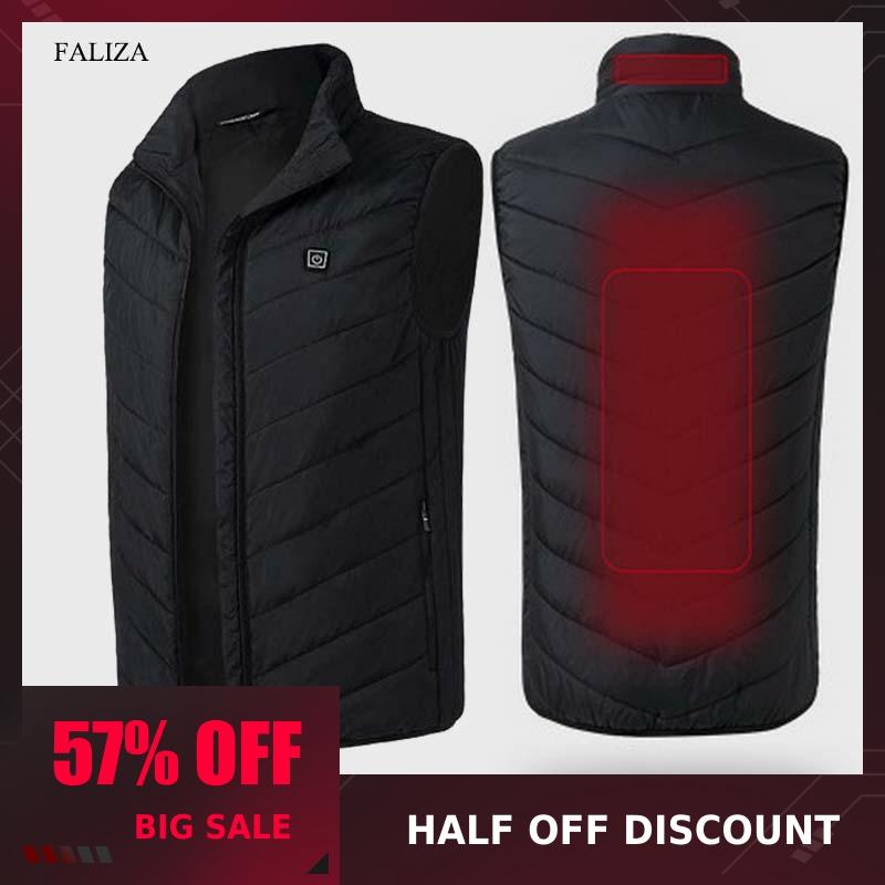 FALIZA USB Heated Vest Men Winter Heating Jacket Male Waistcoat Thermal Warm Clothing Feather Sleeveless Gilet Homme Vests MJ117