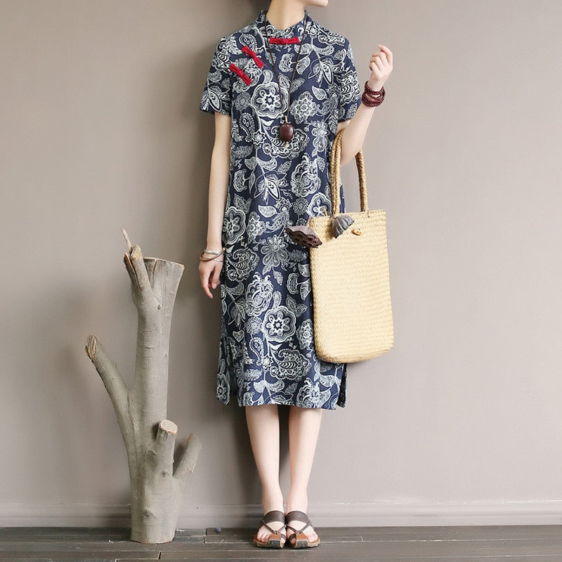 Republic of China style women's dress with improved retro buckle dress summer short sleeve long